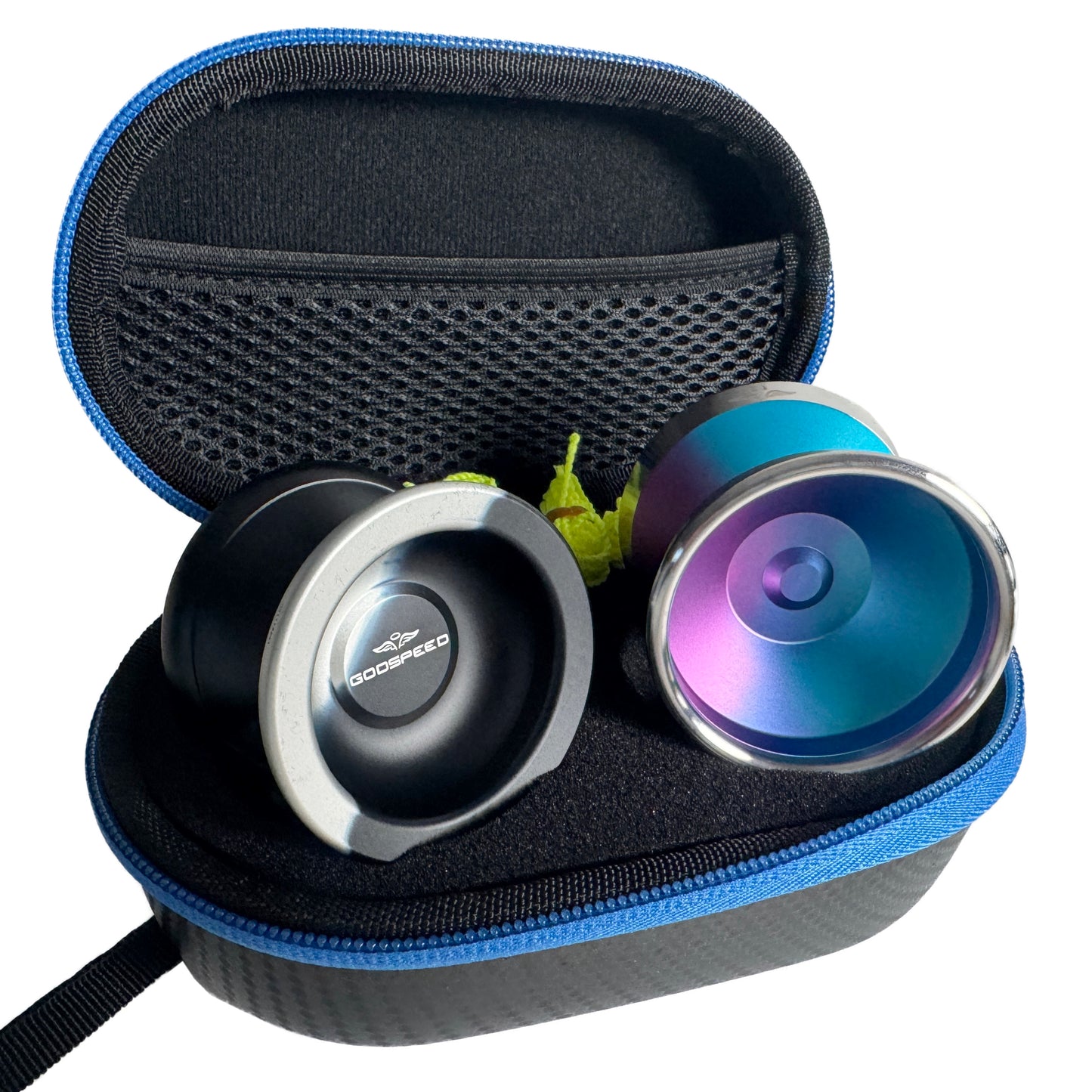 Two metallic yo-yos in a black carrying case with blue zipper.