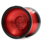 A red-and-black Cartesian yoyo with a detailed black graphic design printed on the red inner cup, shown on a clean white background.