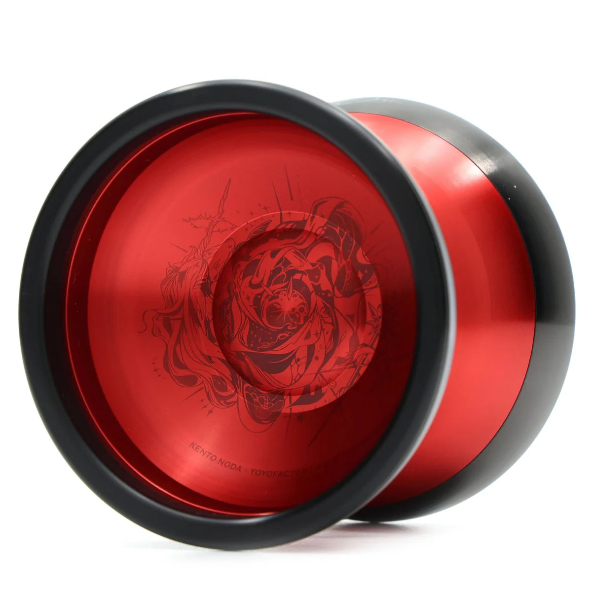 A red-and-black Cartesian yoyo with a detailed black graphic design printed on the red inner cup, shown on a clean white background.