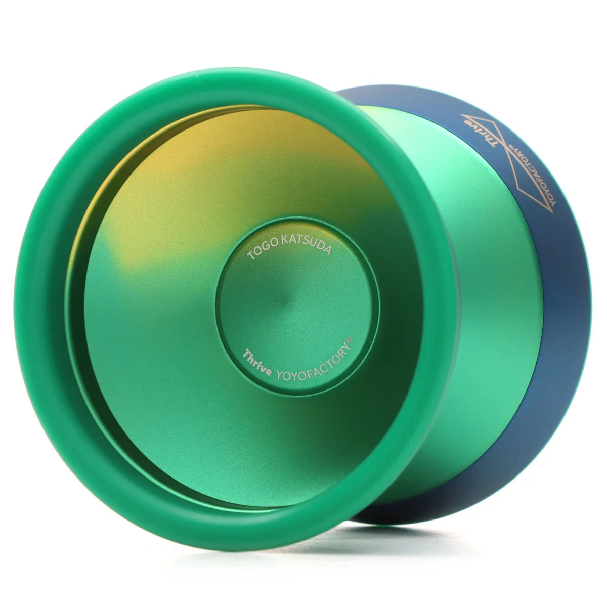 Green and blue Thrive YoYo on a white background