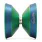 A YoyoFactory Thrive yo-yo with a dual-tone green and blue anodized finish, shown from a side profile view on a white background.