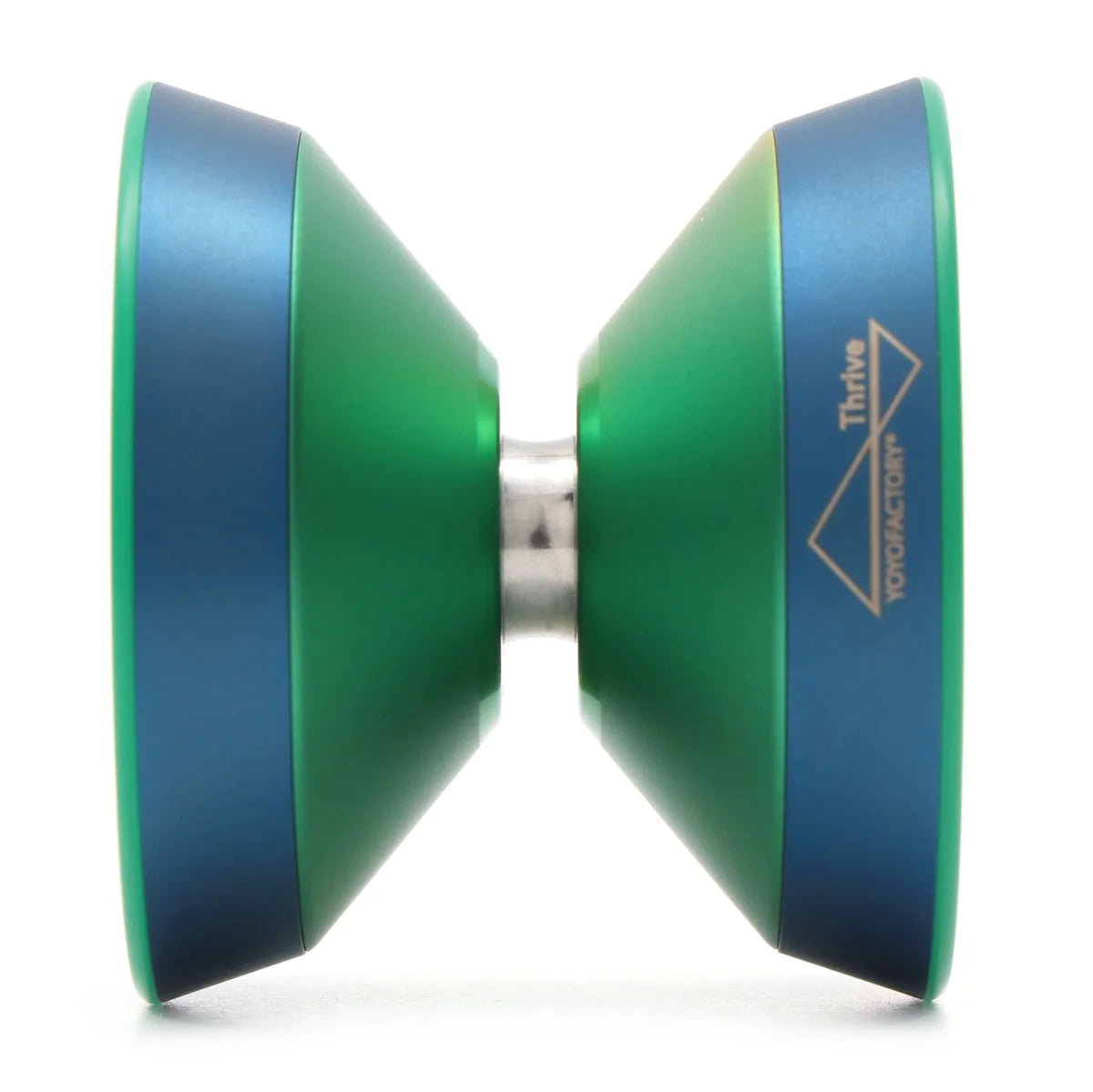 A YoyoFactory Thrive yo-yo with a dual-tone green and blue anodized finish, shown from a side profile view on a white background.