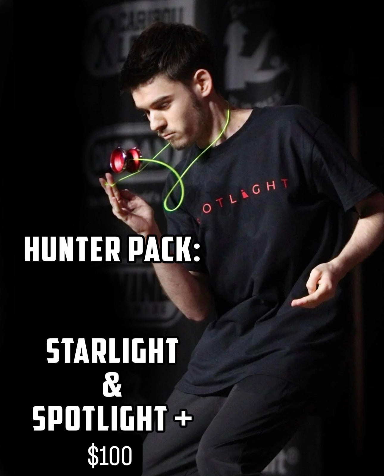 Person holding a flashlight with text about a 'Hunter Pack' on a dark background