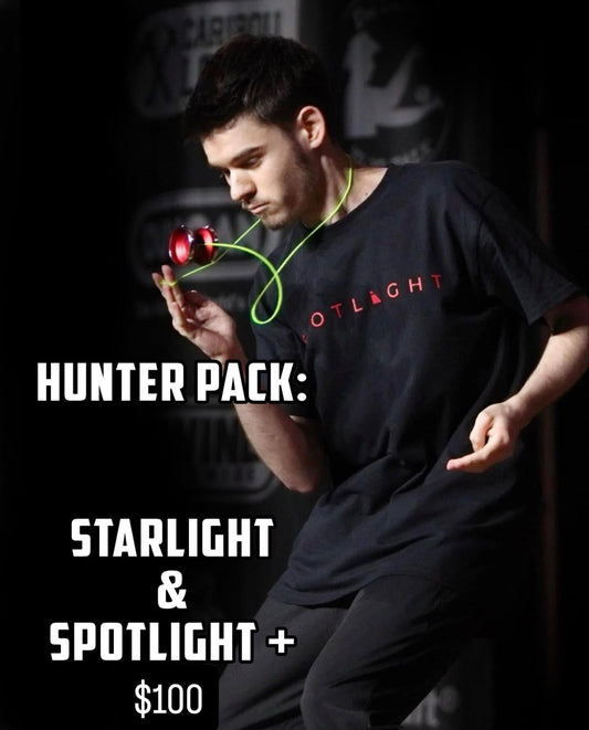 Person holding a flashlight with text about a 'Hunter Pack' on a dark background