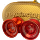 Red yoyos with 'Happy New Year' and horse design on a gold 'Yoyofactory' case.