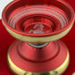 Red and gold yoyo with a horse emblem on a red cloth background