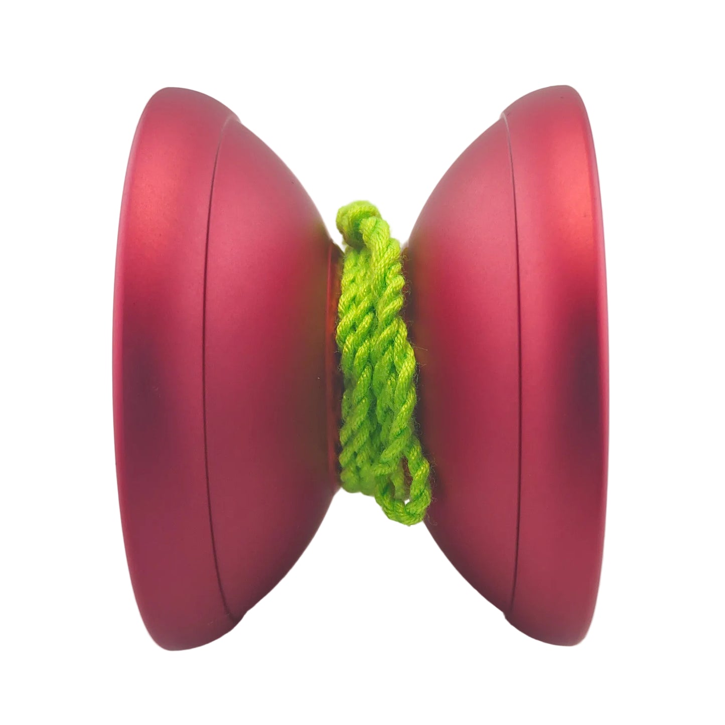 Red godspeed yoyo with green string on a white background