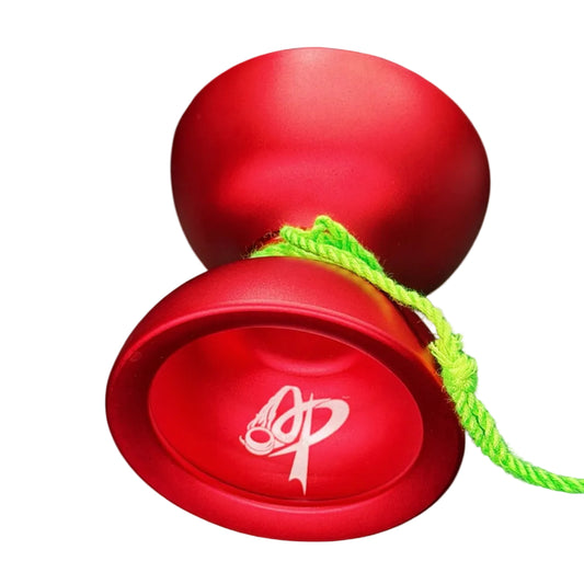 Red spotlight plus yoyo with a green string on a white background