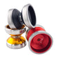 Three bimetal mini miracle yoyos in black, gold, and red on a white background