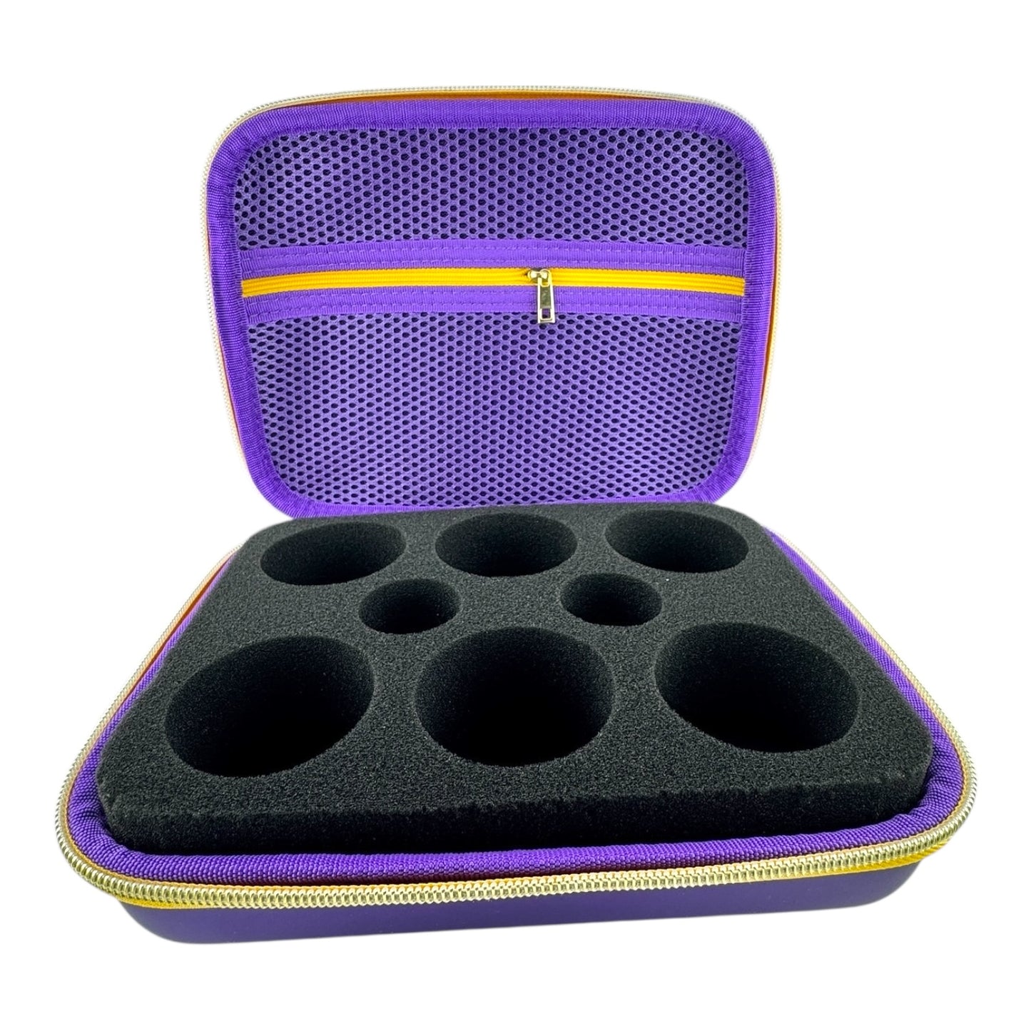 Purple yoyo carrying case with black interior compartments for 6 yoyos