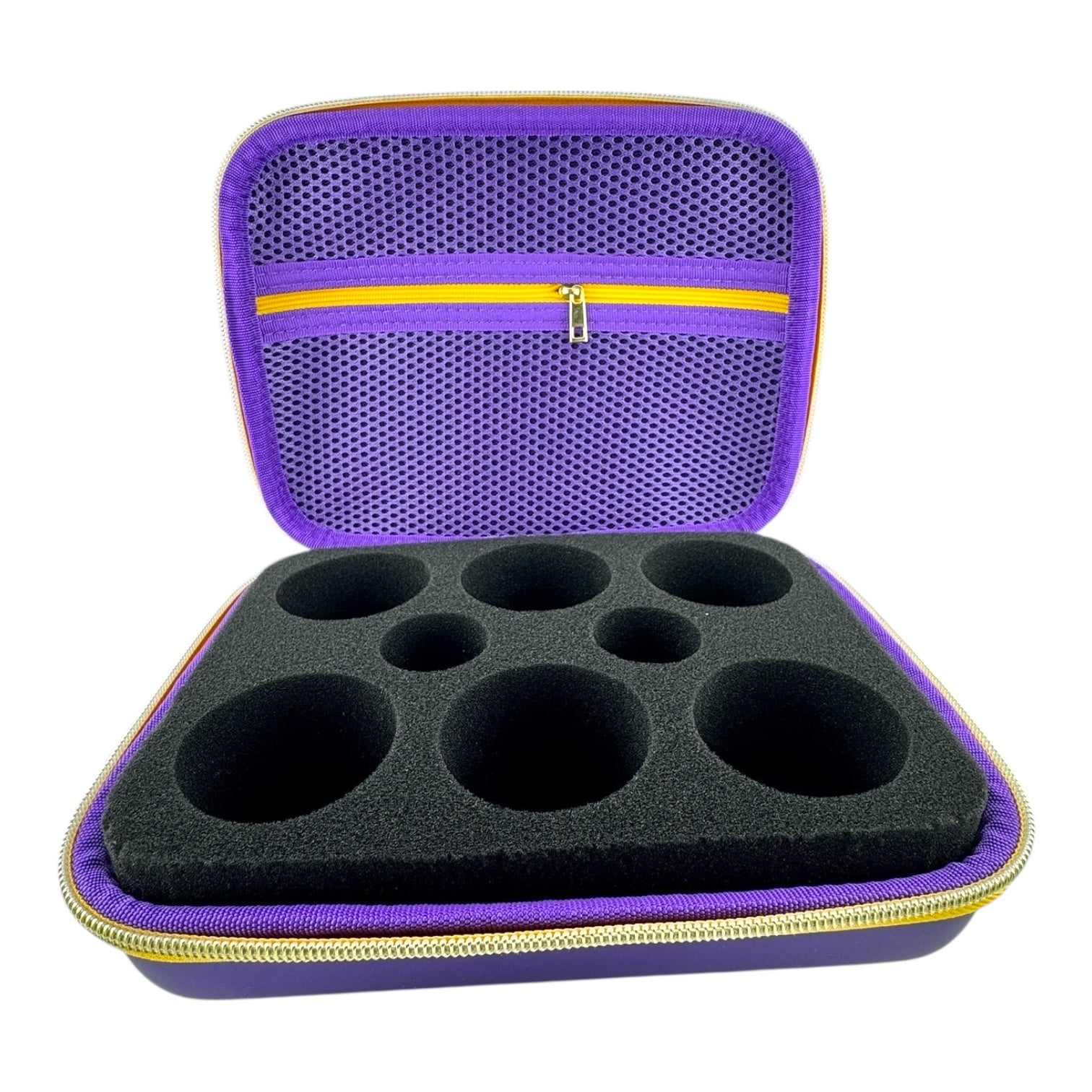 Purple yoyo carrying case with black interior compartments for 6 yoyos